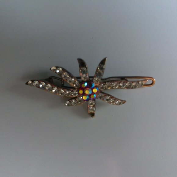 Floral Hair Clip, Gold/silver color, pink and white rhinestone, shiny crystals - Picture 5 of 7